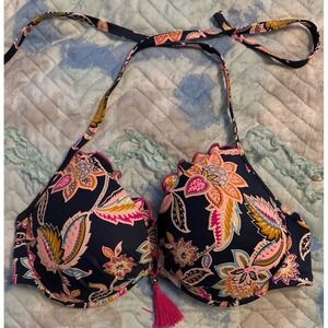 Shade & Shore Navy‎ Blue Floral Ruffle Gold Wave Pushup Bikini Top, 36C